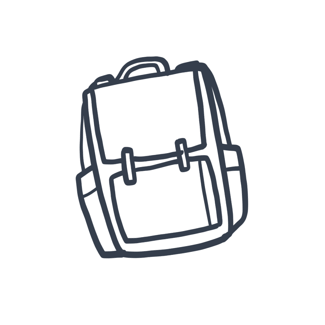 A simple line drawing of a backpack with two main compartments, handle, and straps.