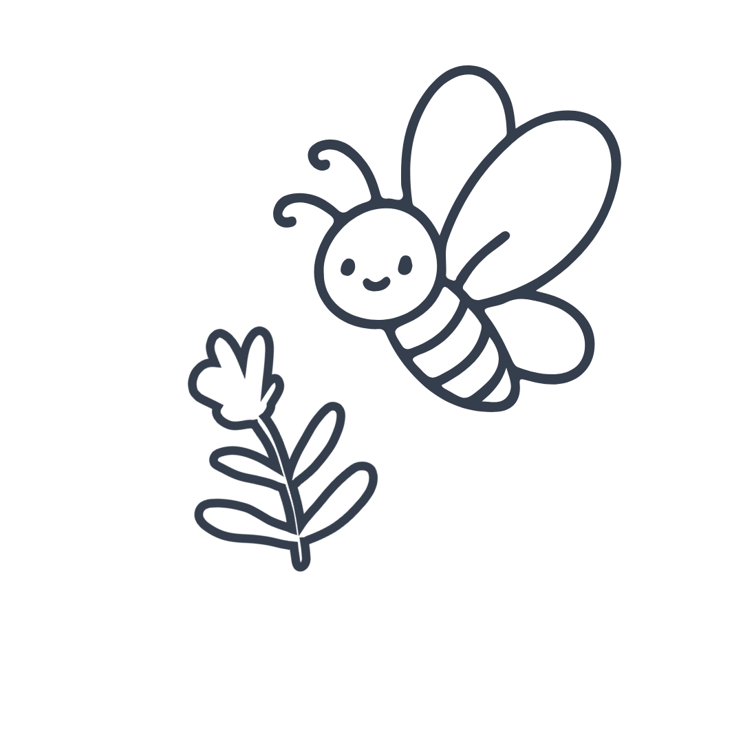 Line drawing of a smiling bee with wings, hovering above a flower with leaves.