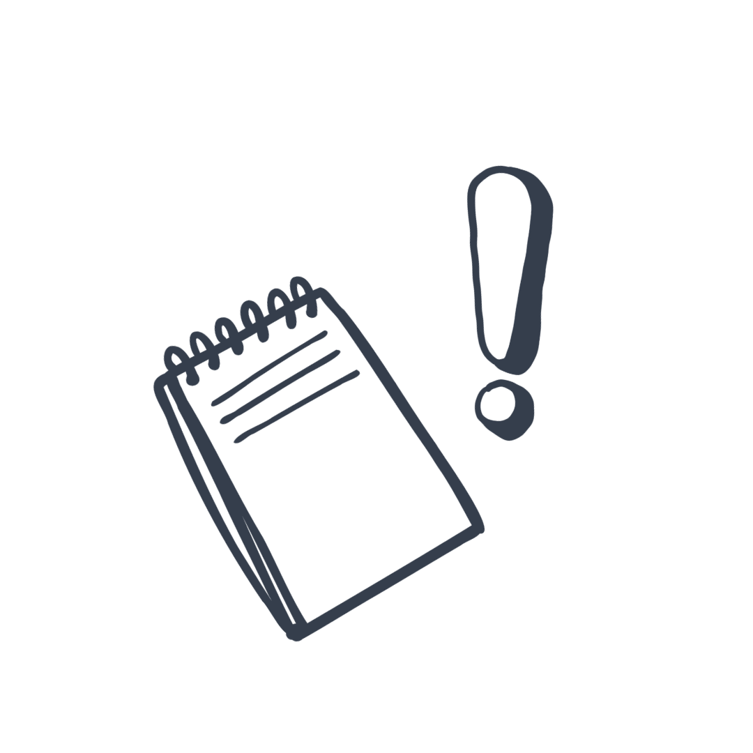 Line drawing of a notepad with some lines on it and an exclamation mark beside it.