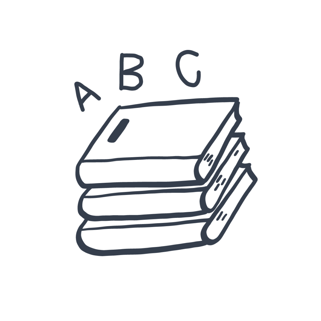 Stack of four closed books with the letters A, B, and C above the top book.