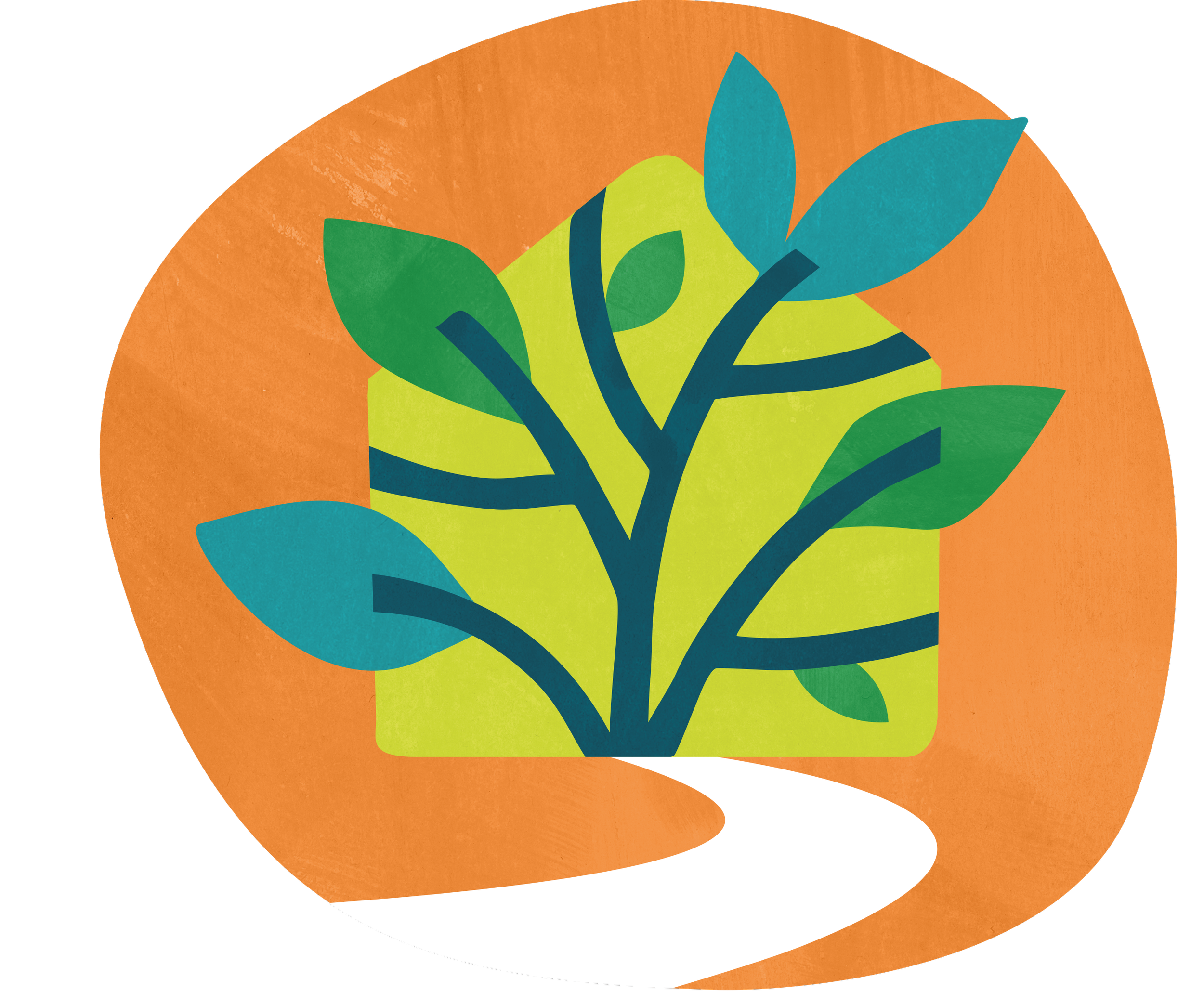 Illustration of a green plant with blue and green leaves with a white path, set against an orange background.