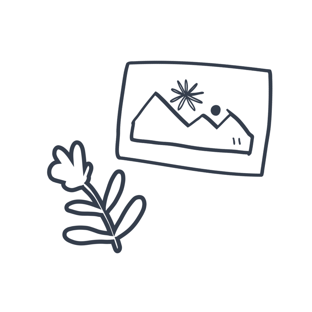 A simple line drawing of a photograph with mountains, a sun, and a flower in the foreground.