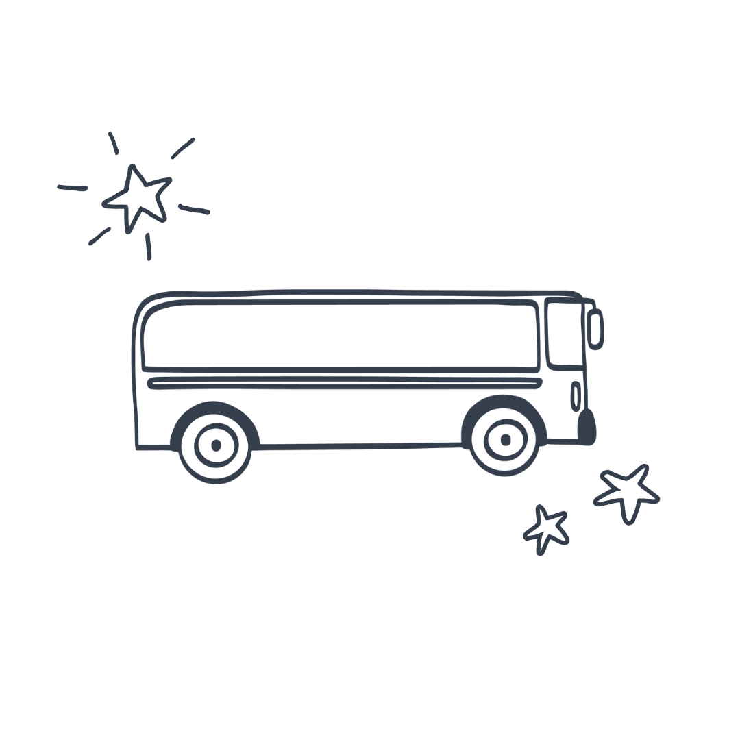 Hand-drawn illustration of a bus with three stars around it.