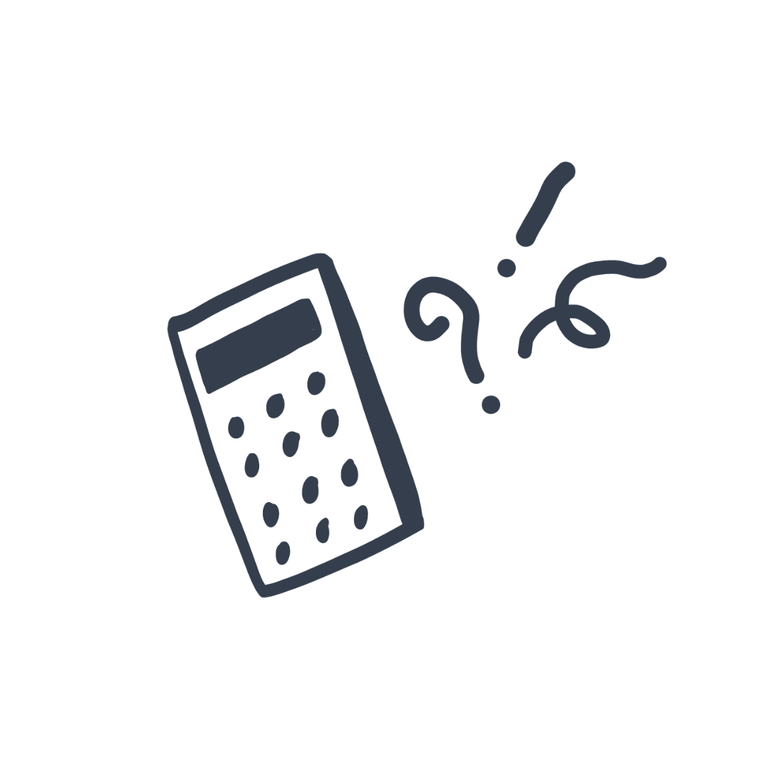 Line drawing of a calculator, surrounded by question marks, exclamation mark.