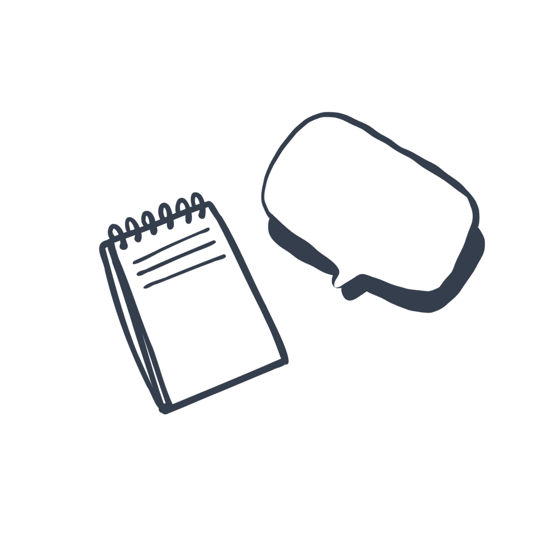 Outline drawing of a speech bubble and an open notepad with spiral binding.
