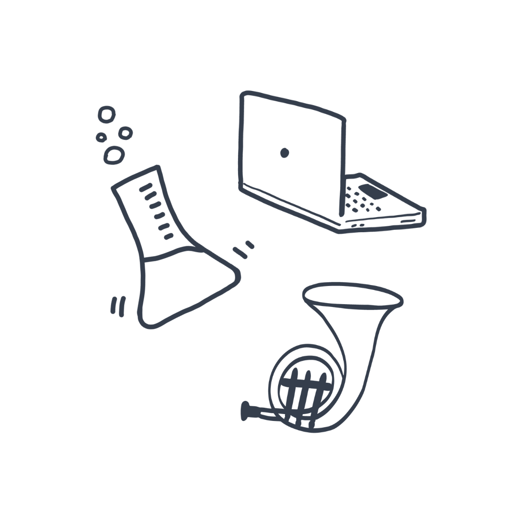 Line drawing of  a laptop, a saxophone, and scientific conical flask with bubbles emerging from the spout.