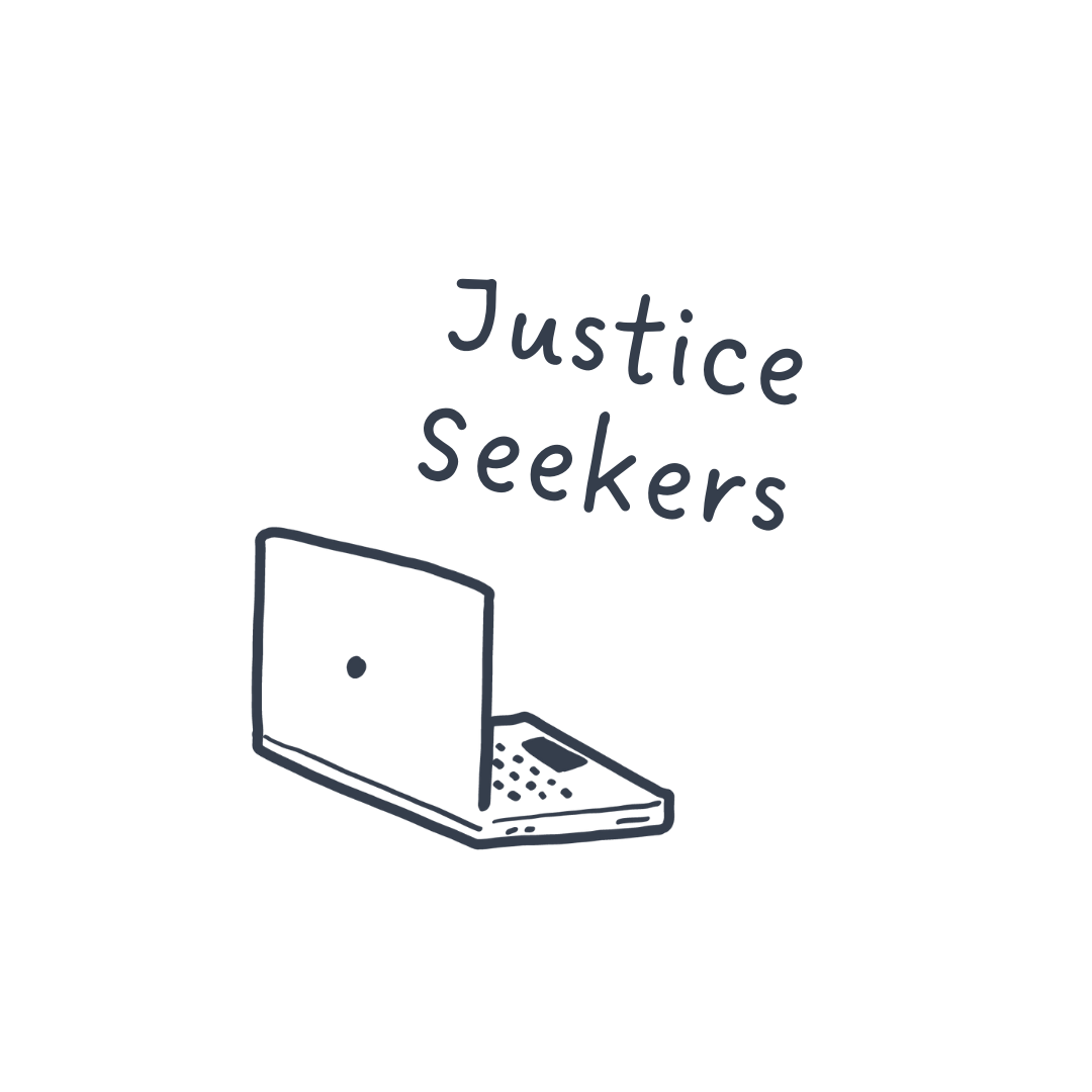 Line drawing of a laptop and the words 'Justice Seekers' in a handwritten style.