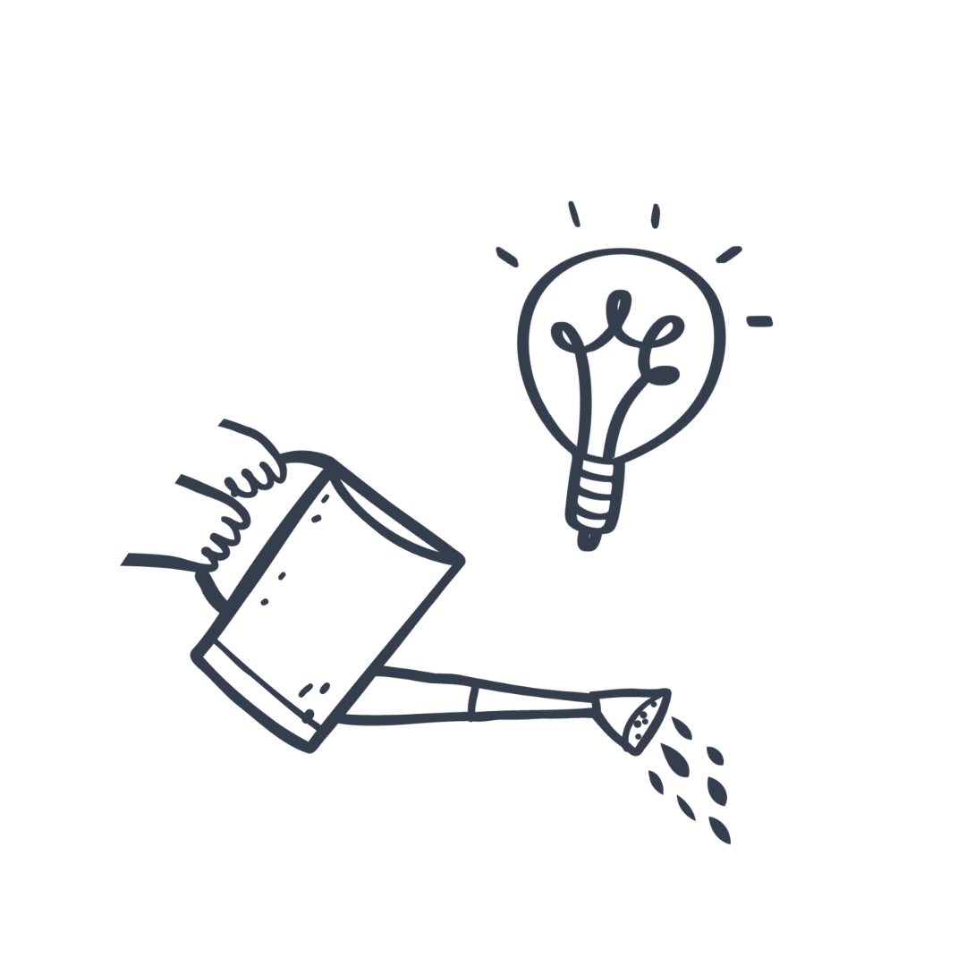 A simple line drawing of a hand watering a plant, with a lightbulb above symbolizing an idea or innovation.