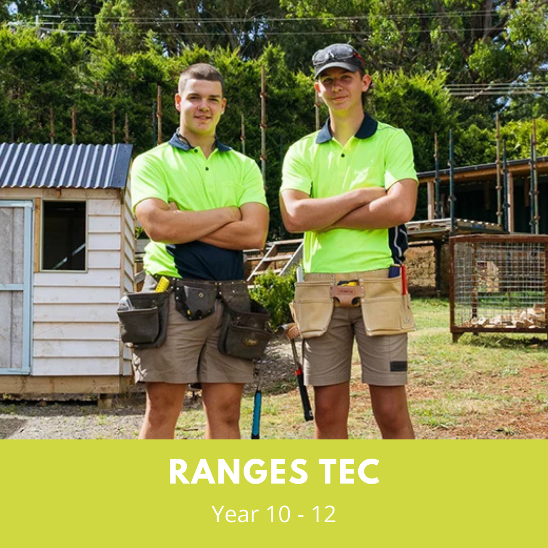 Two male students in hi-vis standing on a worksite. There is a lime green banner at the base of the image that reads Ranges TEC - Year 10 to 12