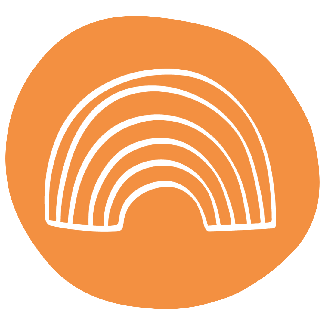 Organic orange circle with a white hand-drawn rainbow icon in the centre