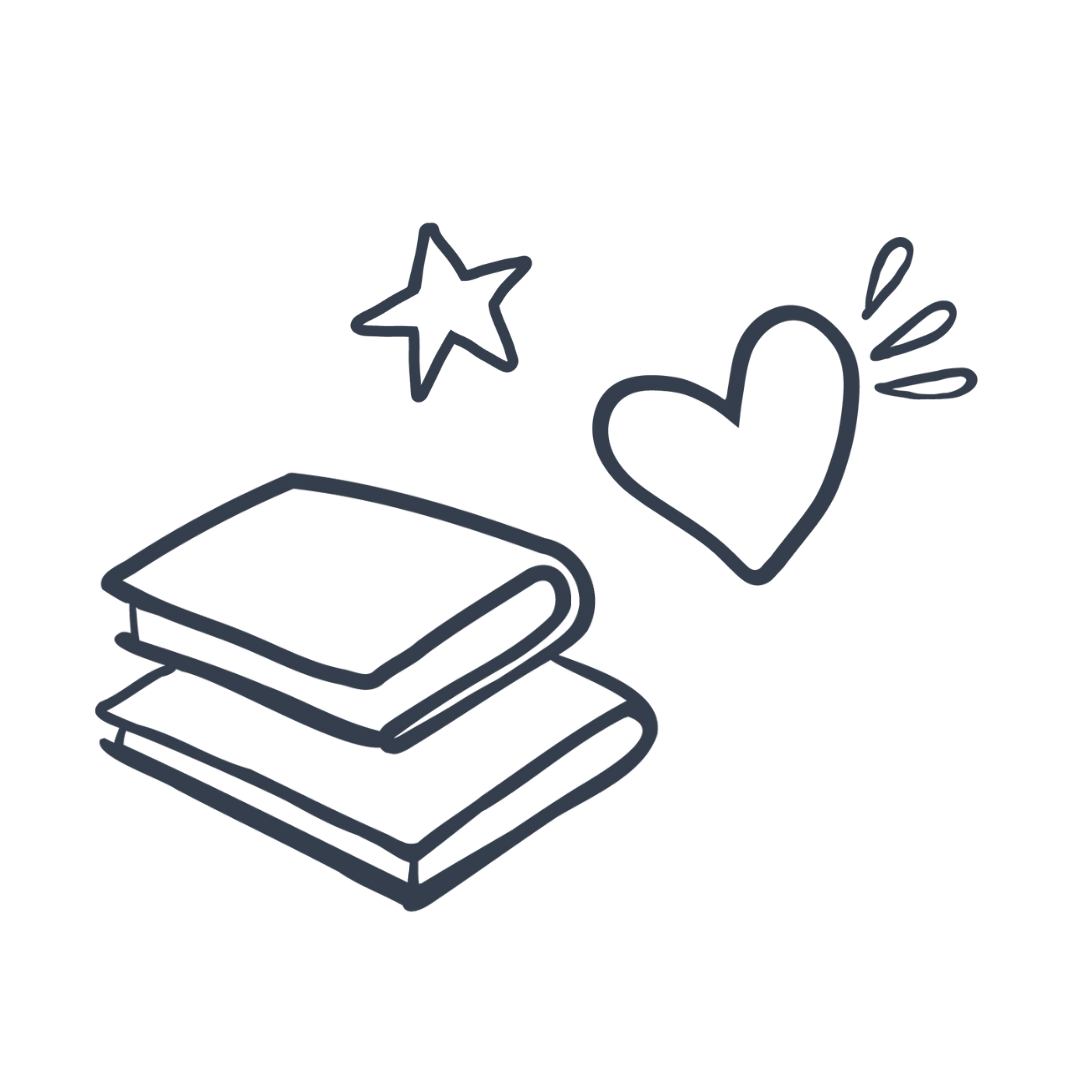 Line drawing of two closed books, a star, and a heart with lines indicating motion or emphasis.