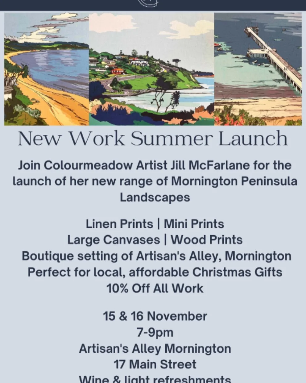 Join me tomorrow evening and Saturday evening from 7-9pm @artisans_alley_mornington 17 Main Street for the launch of my new @colourmeadow Mornington Peninsula landscapes.  10% all of my work! #jillmcfarlaneart #artisansalleymornington #whatsonmorning