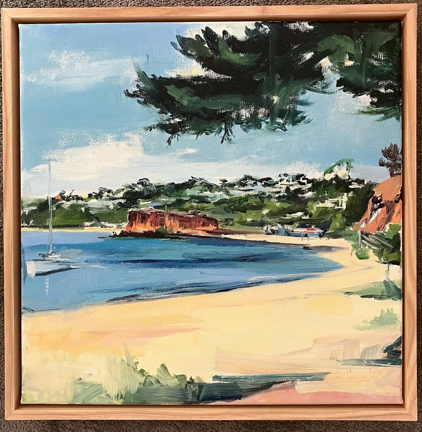 Mothers Beach Mornington, Oil on canvas, painted en plein air, 40cm x 40cm, Ash Frame available @artisans_alley_mornington #jillmcfarlaneart #mothersbeach #morningtonpeninsula #morningtonpainting