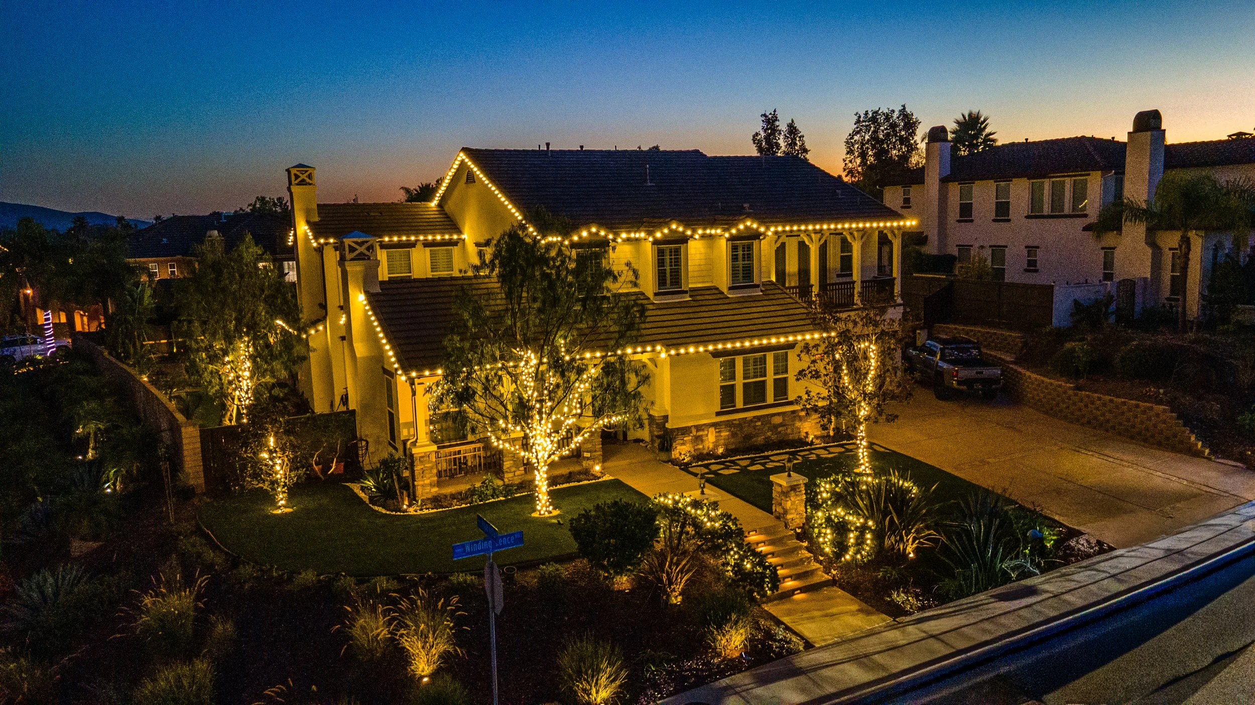 Aerial view of a completed holiday lighting installation
