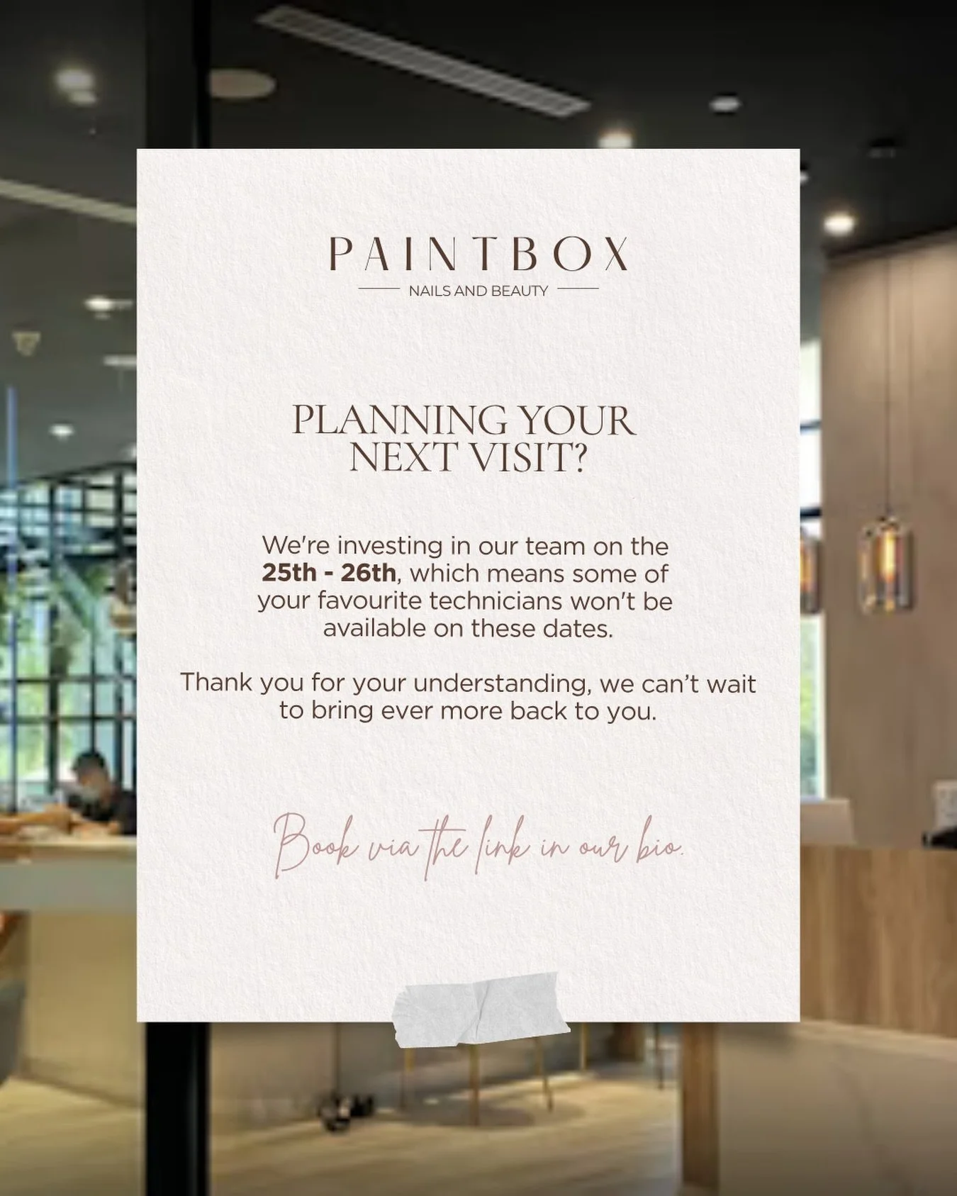 We&rsquo;re always investing in improving our services, refining our techniques, and bringing new education back into salon for our clients 🤍

From the 25th&ndash;26th, some of our senior staff will be away attending advanced training.

If you&rsquo