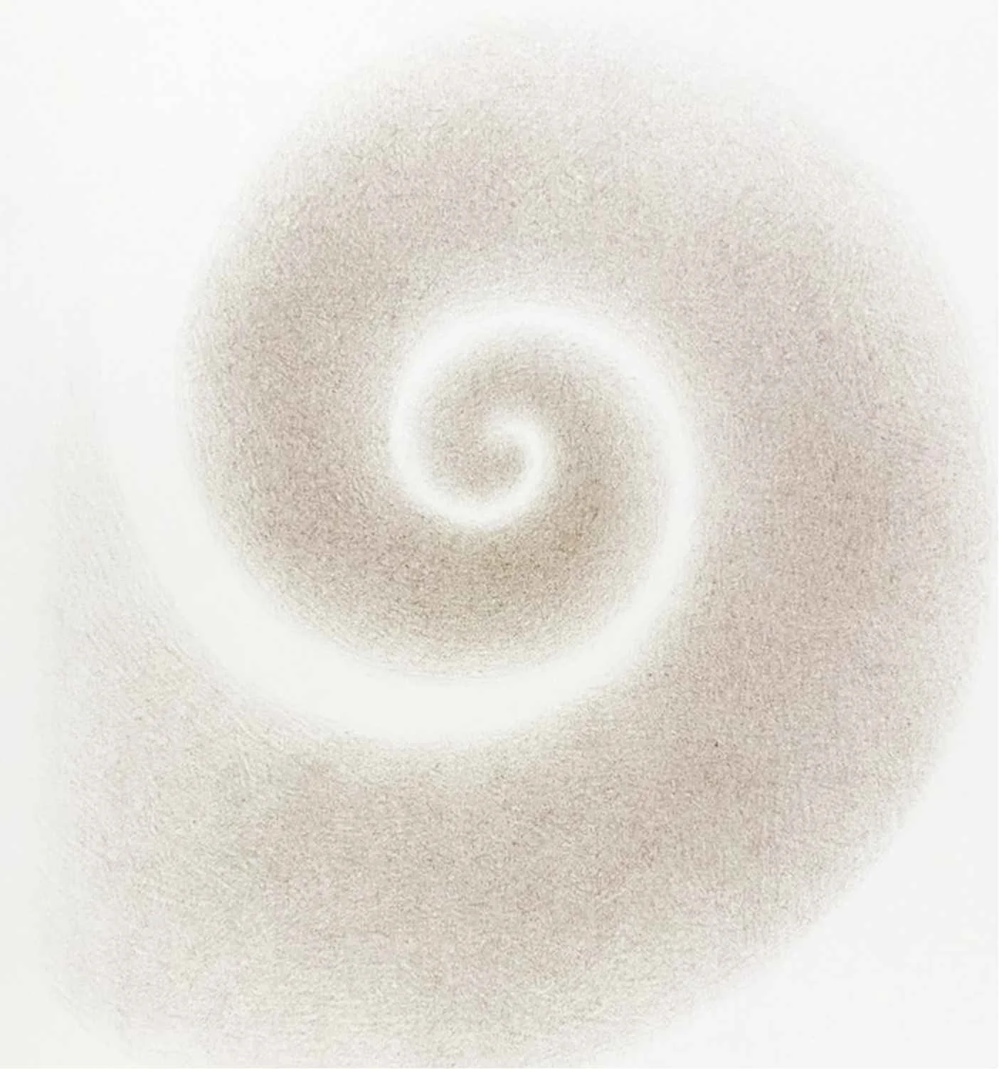 Close-up of a spiral-shaped design with a grainy, textured appearance in beige and white tones.