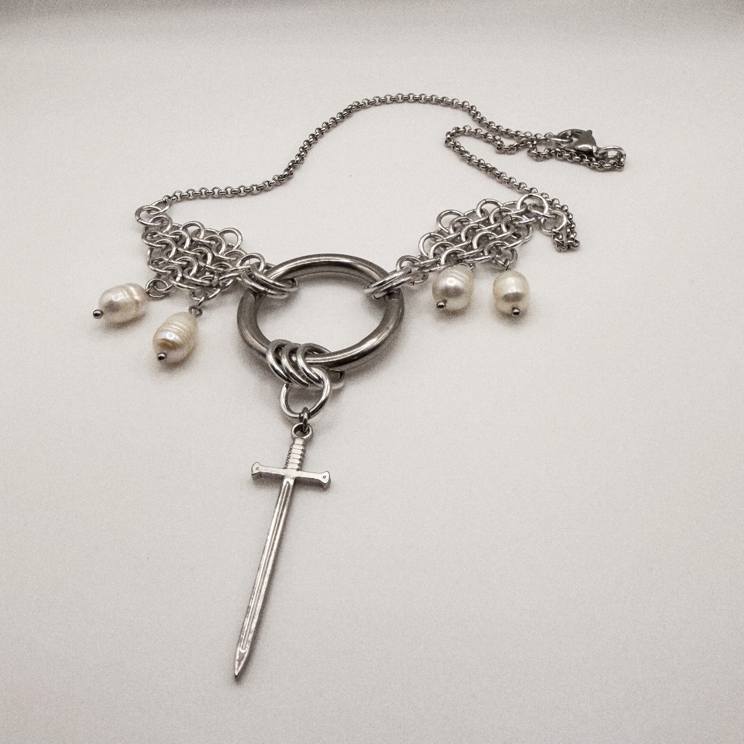 medieval saint joan of arc sword chainmail necklace choker pearls