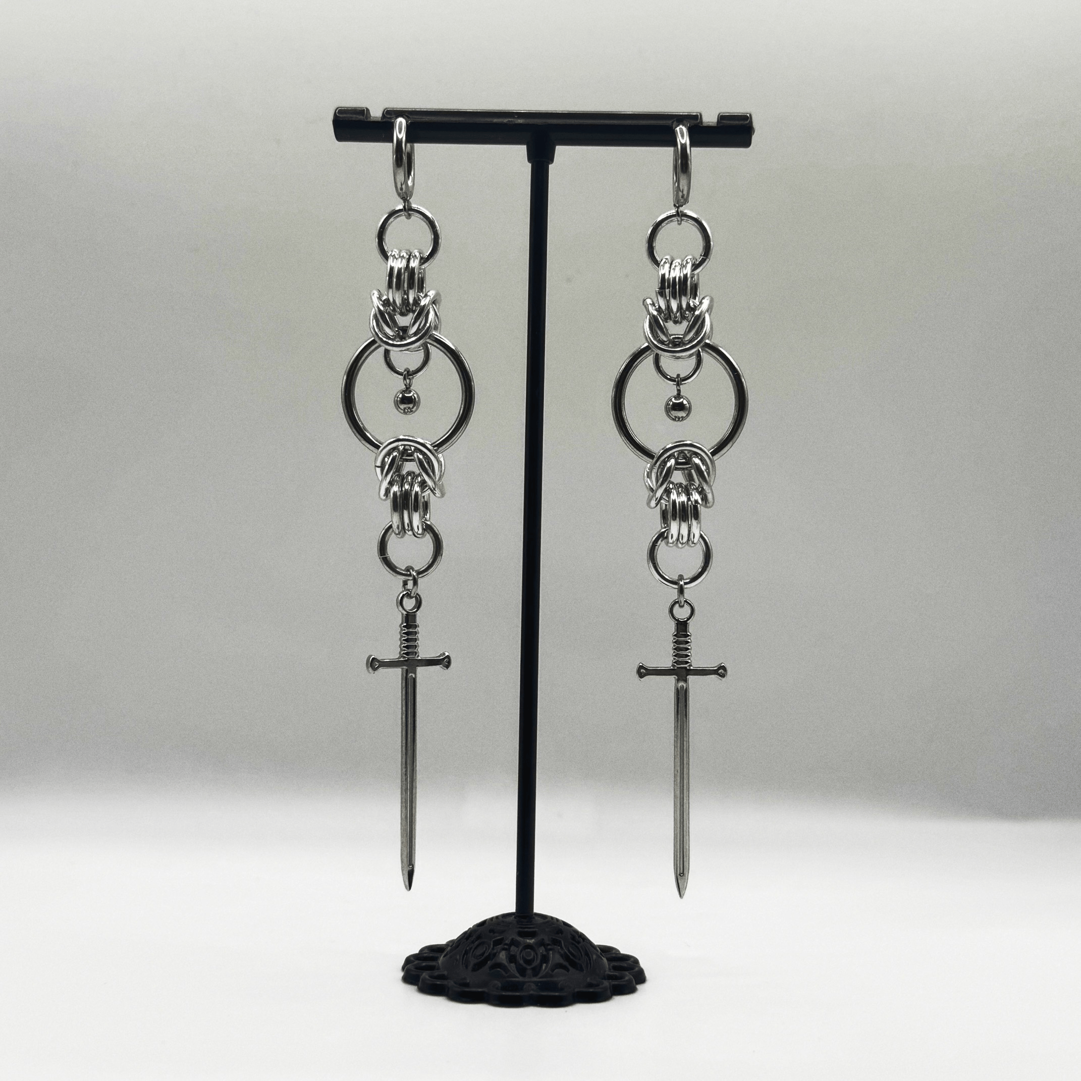 stainless steel sword chainmail earrings