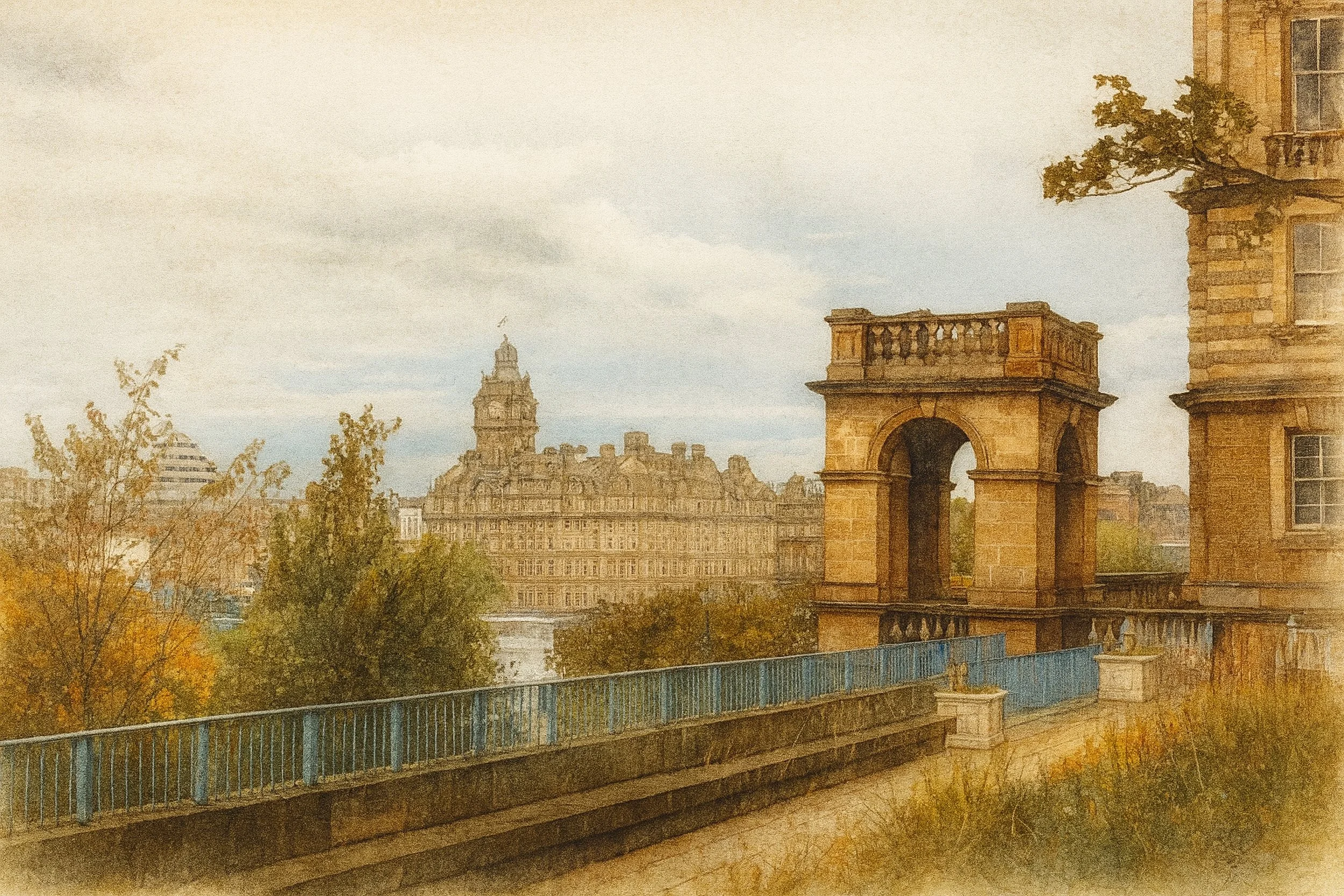 Historical stone building with archway and railing, cityscape with ornate architecture and autumn trees in the background.