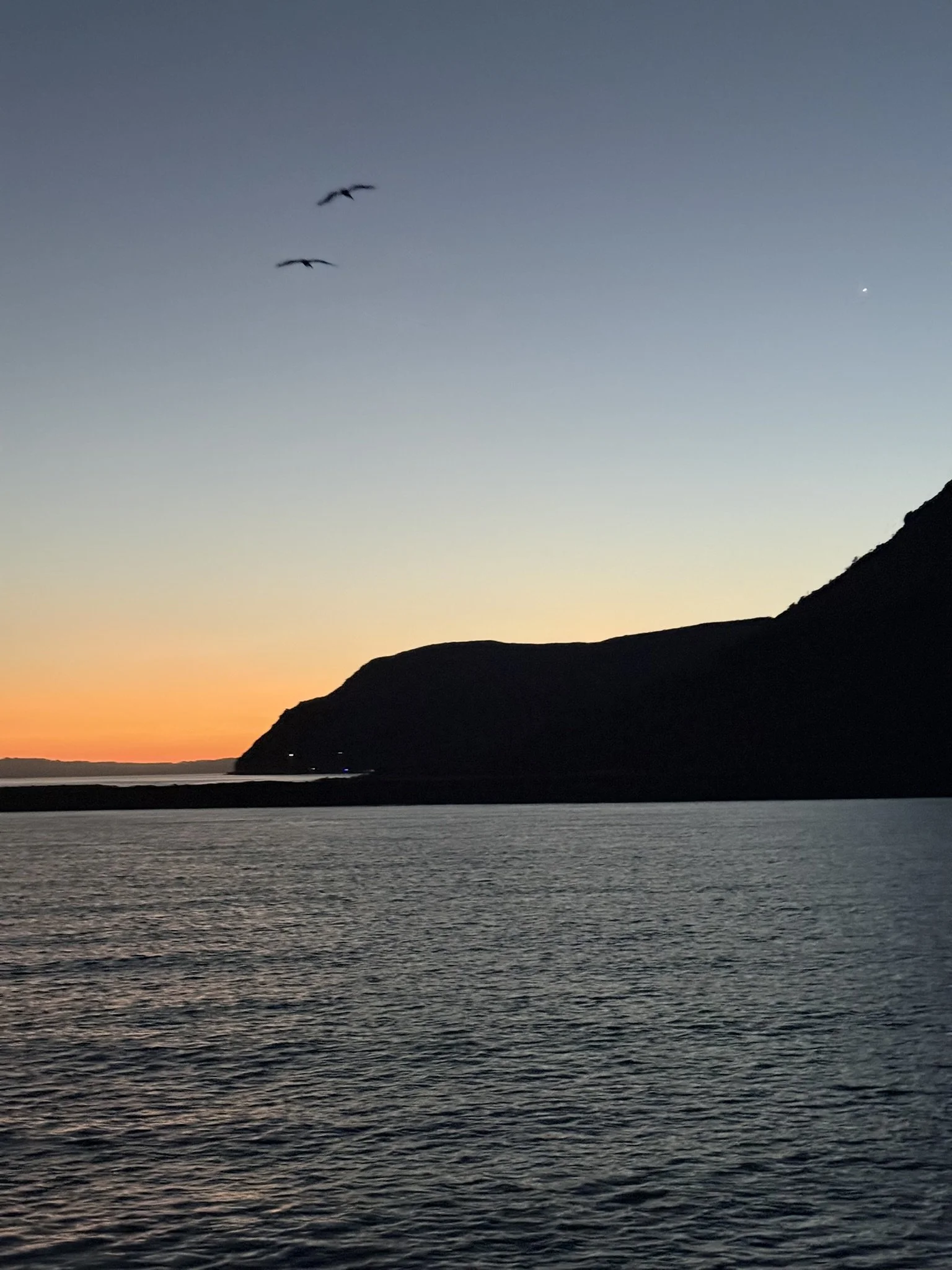 Sunset over water with a silhouetted mountain on the right, two birds flying in the sky, and a clear gradient from orange to blue.