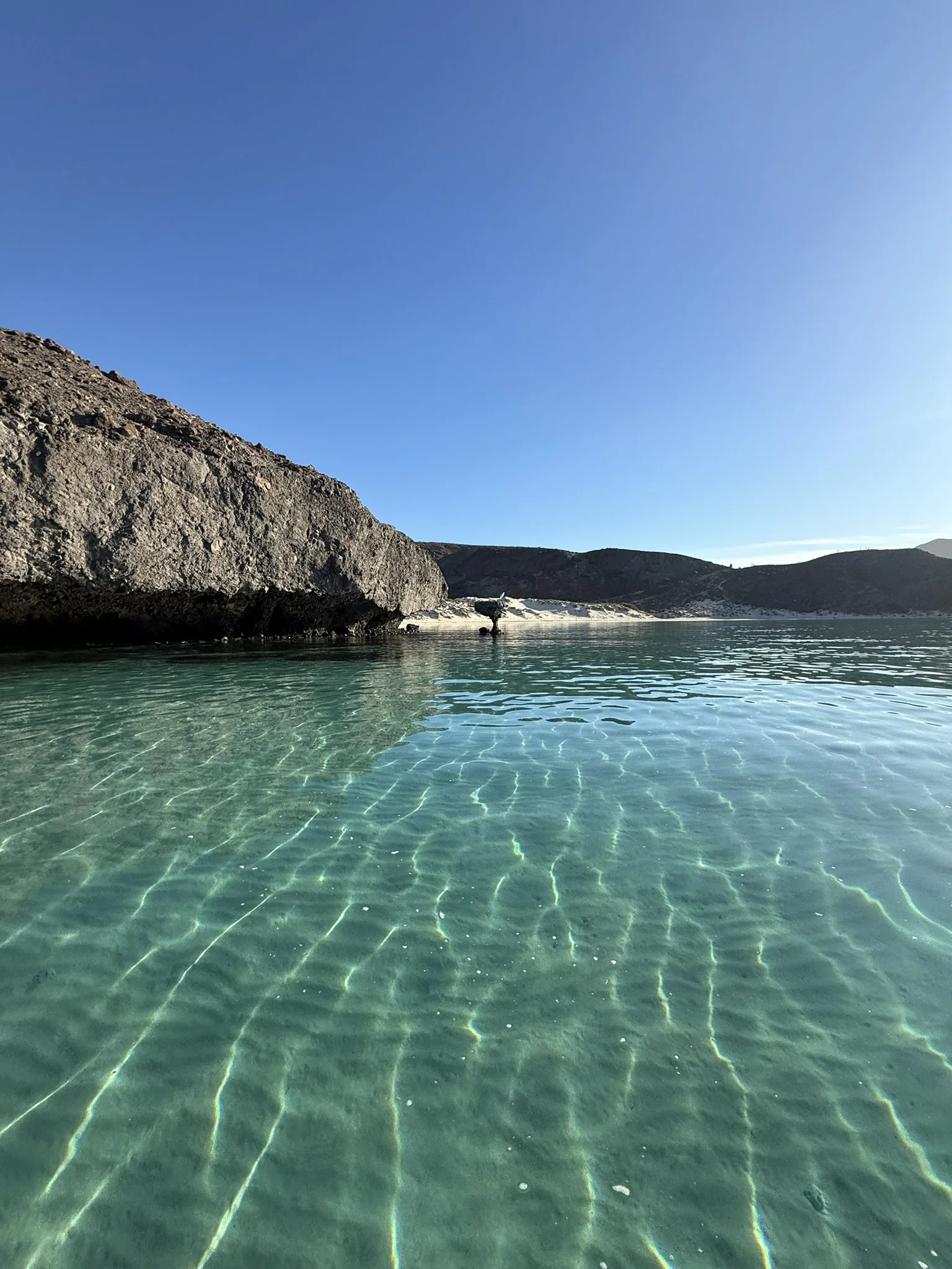 Clear green water in a natural body of water, with a rocky shoreline and mountain hills in the background under a bright blue sky.