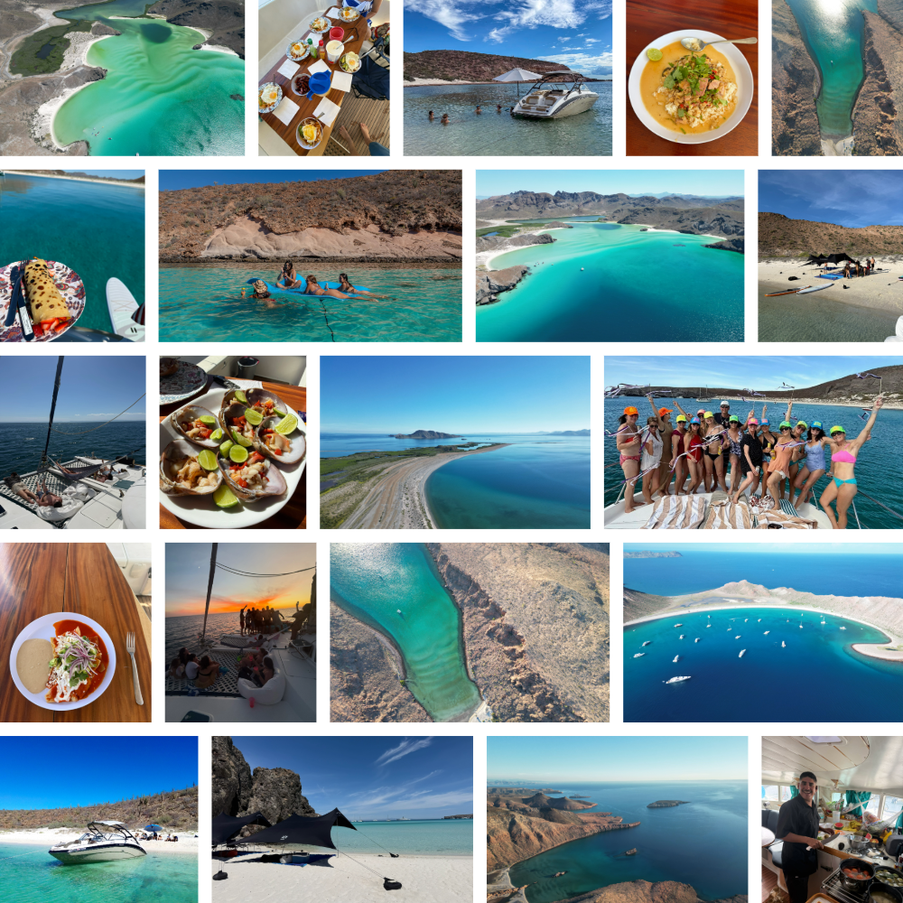 A collection of photos featuring scenic lakes, beach scenes with boats and yachts, people swimming and sunbathing, dining outdoors, and group gatherings, all set in a coastal or lakeside environment with clear blue waters and sunny weather.