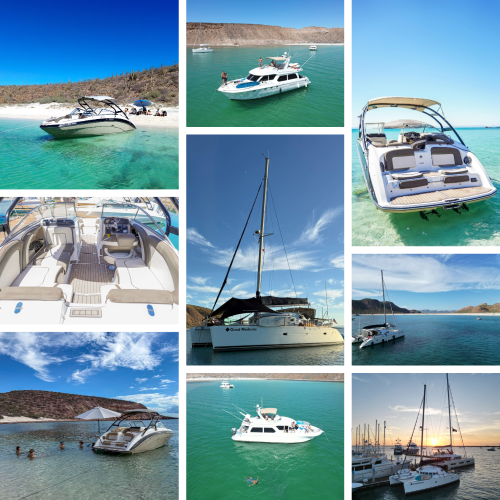 Collage of various yachts and boats on clear blue water, with some boats near beaches and others anchored in open water, featuring sunny skies and coastal landscapes.