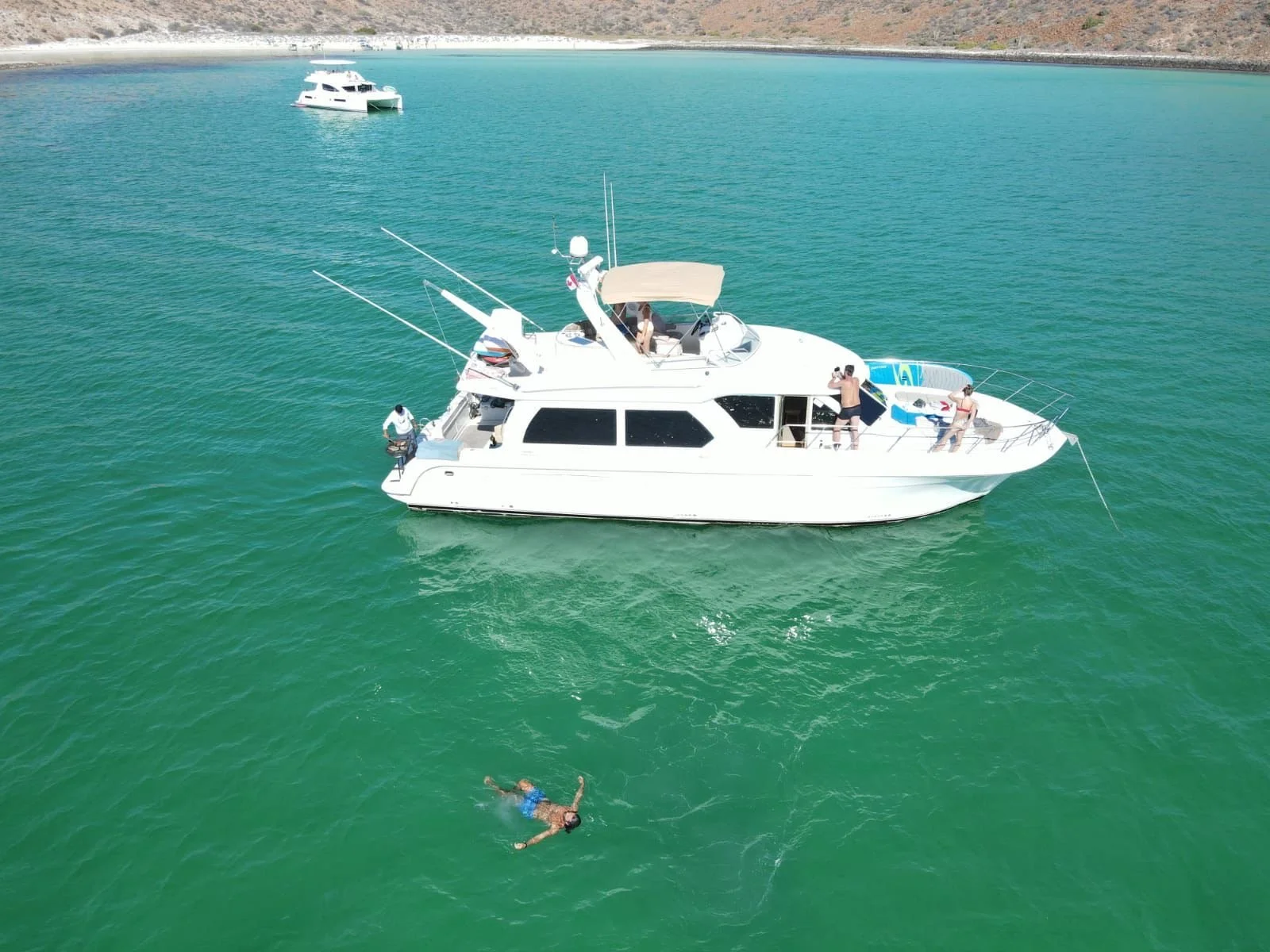 A white motor yacht with people on board, some swimming in the water, on a clear day with calm greenish-blue water and a distant shoreline.
