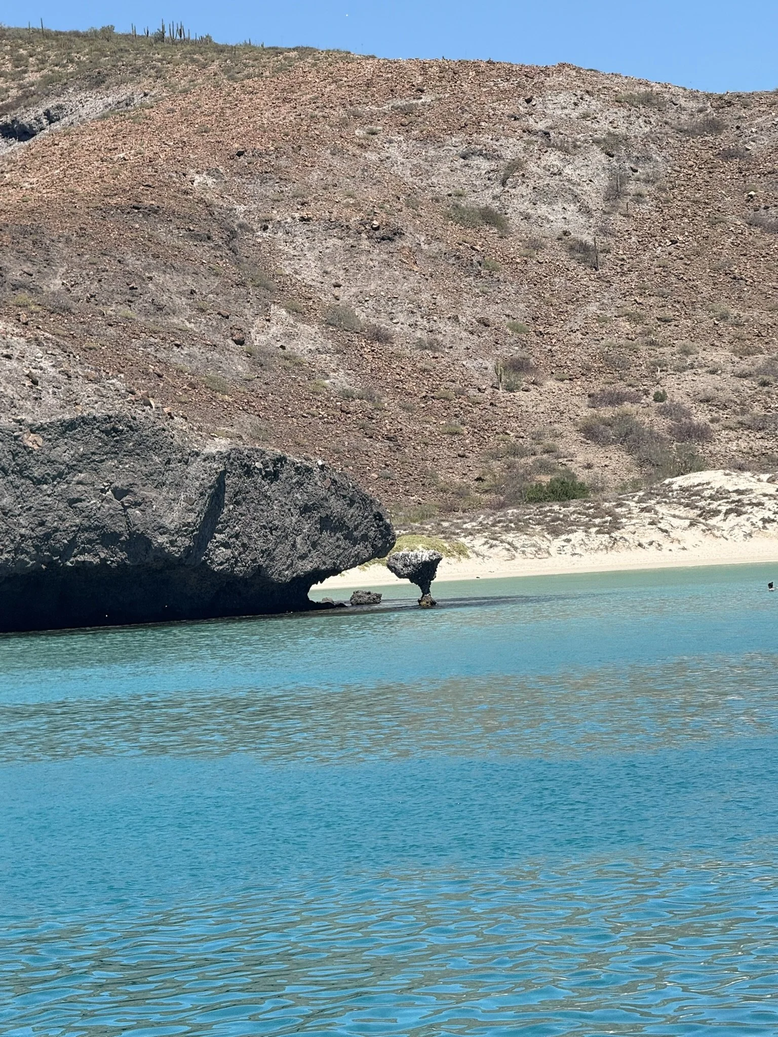 A rocky hillside with sparse vegetation next to clear turquoise water, under a blue sky.