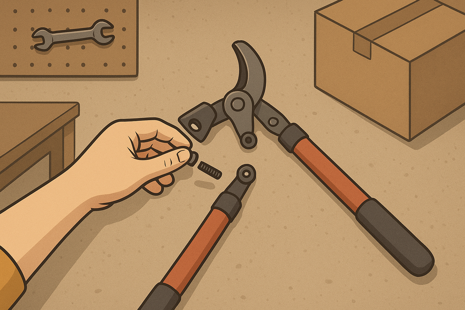 A person’s hand assembling a small screw or bolt on a workbench with orange and black pliers nearby, a wrench on a pegboard, and a cardboard box.