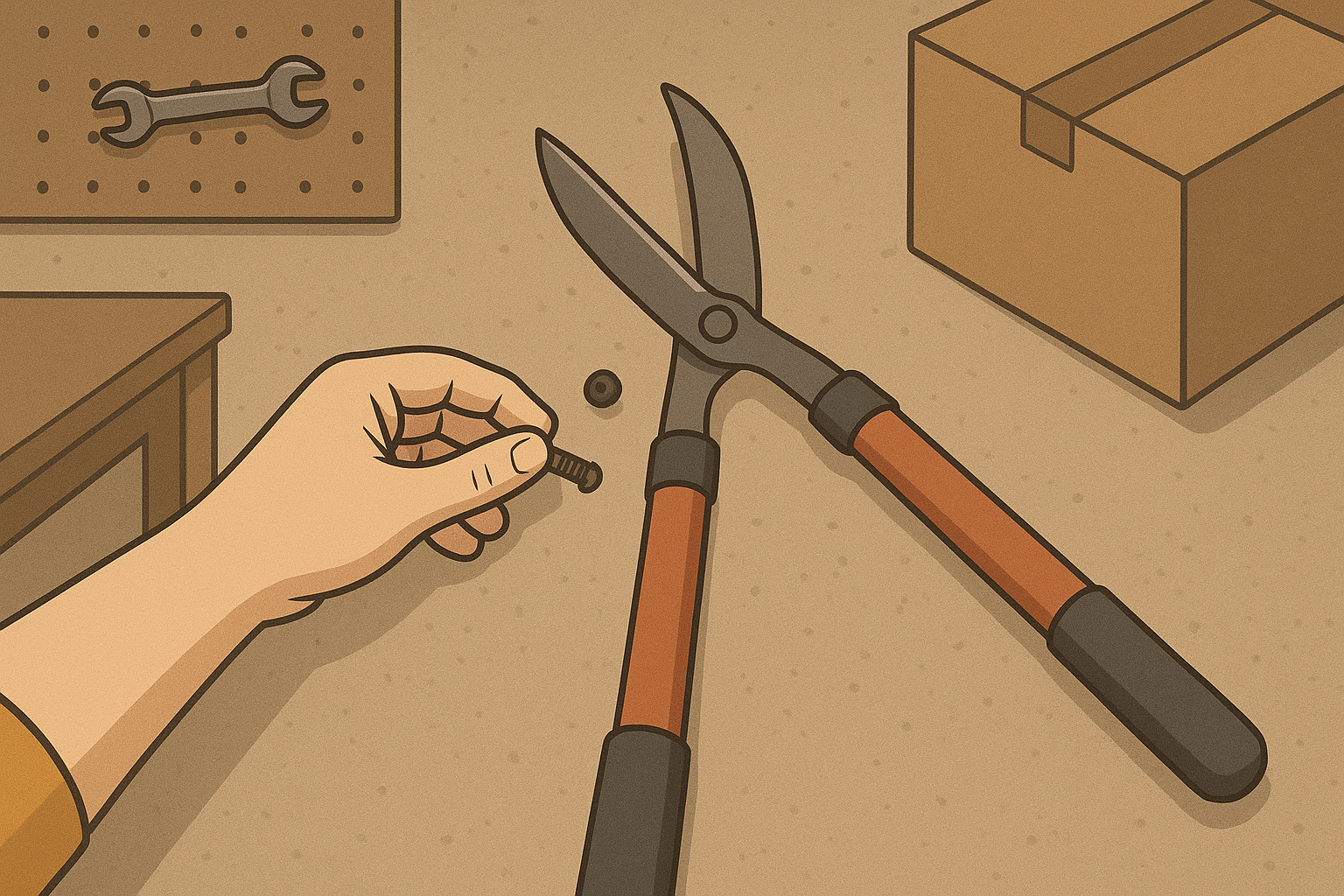A hand holding a screw near a pair of pruning shears on a workbench. A cardboard box, a small black object, and a pegboard with a wrench are also visible.