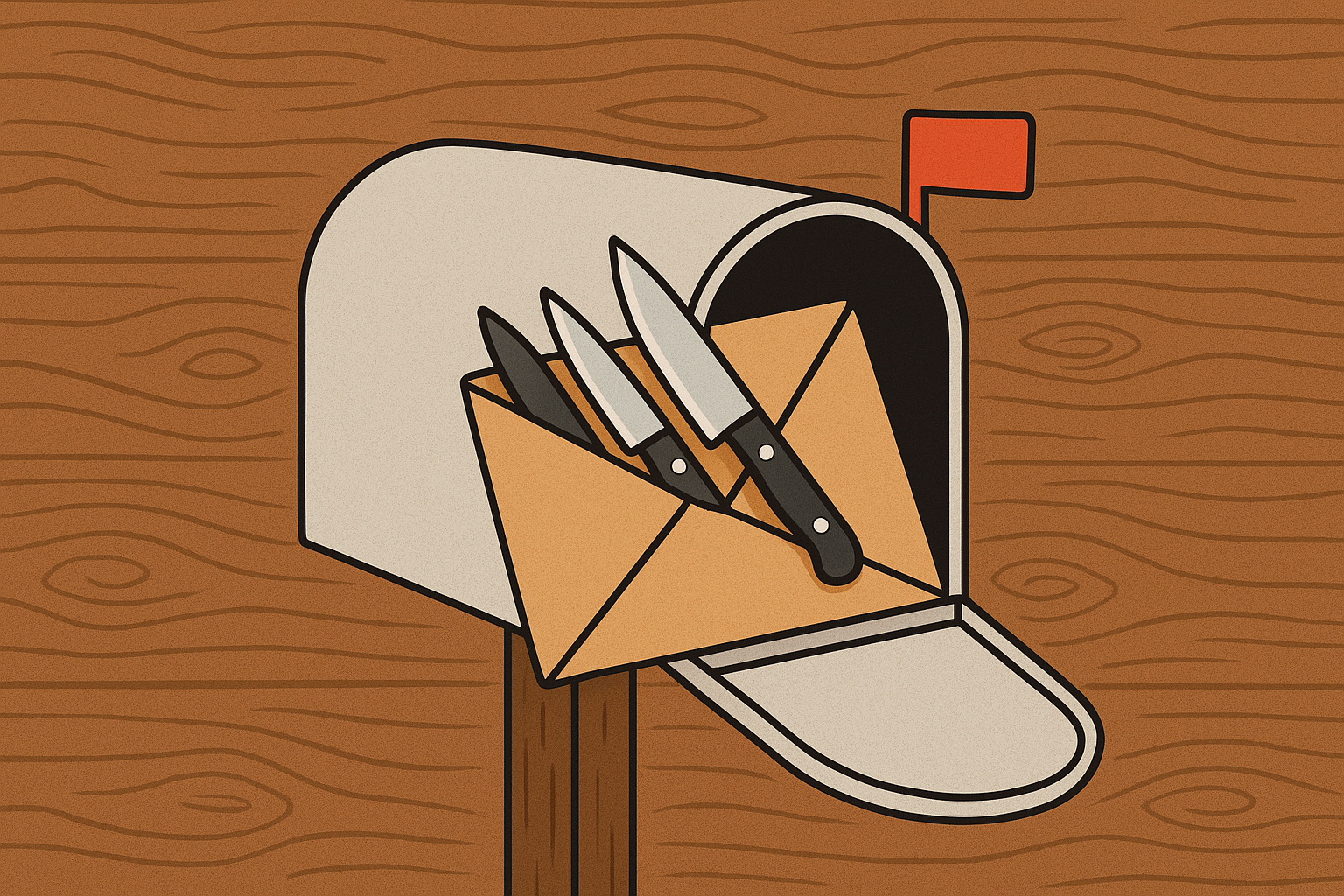 A mailbox with an open lid, containing an envelope and two knives with black handles and silver blades.