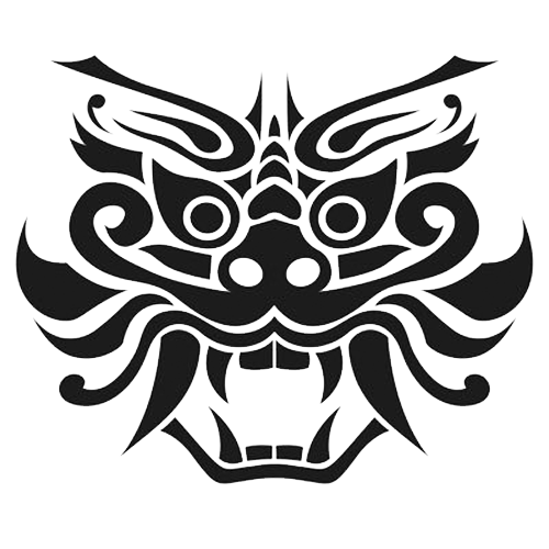 A black and white illustration of a fierce dragon's face with intricate tribal design elements.