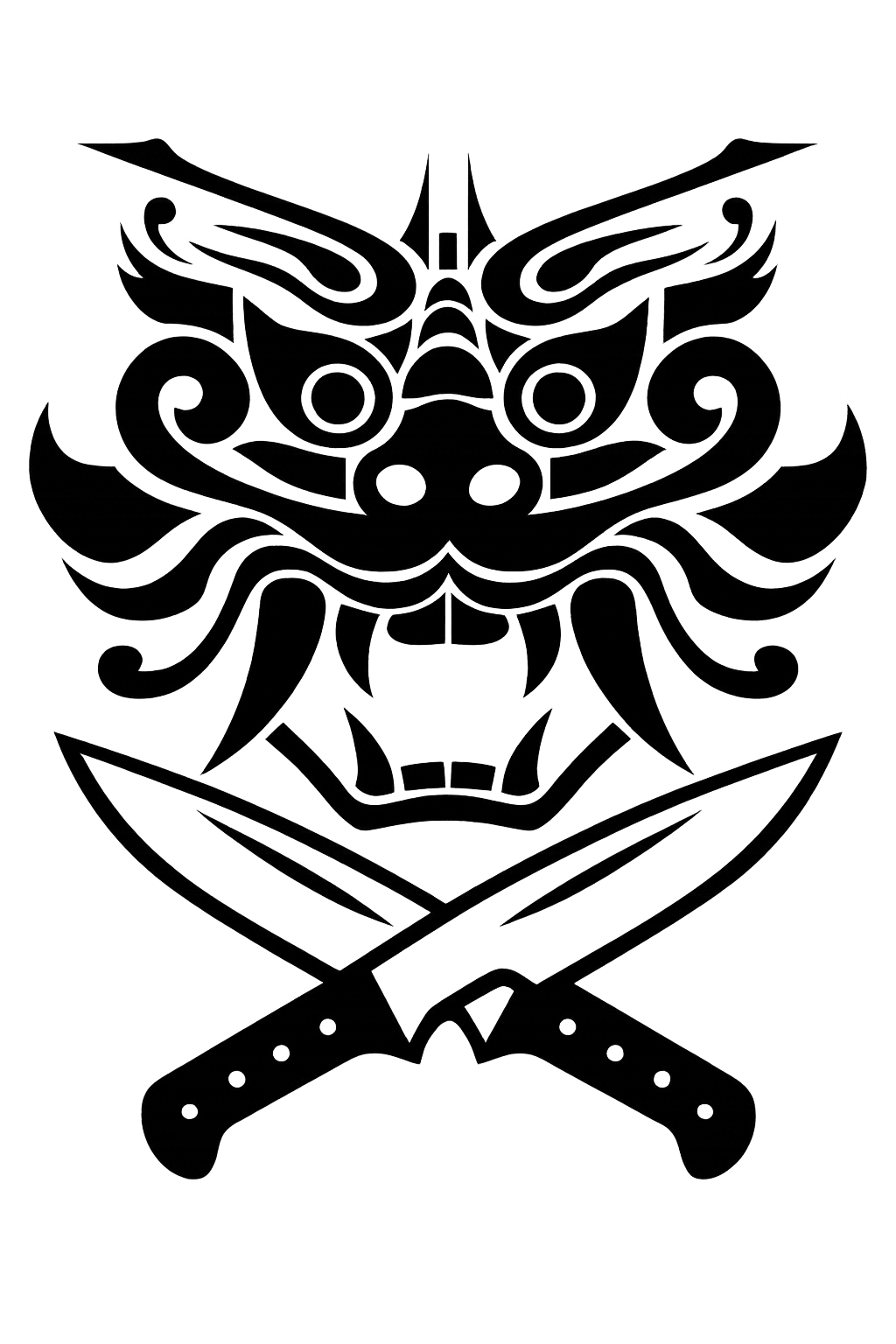 Outline drawing of a traditional tiki face with crossed swords beneath it.