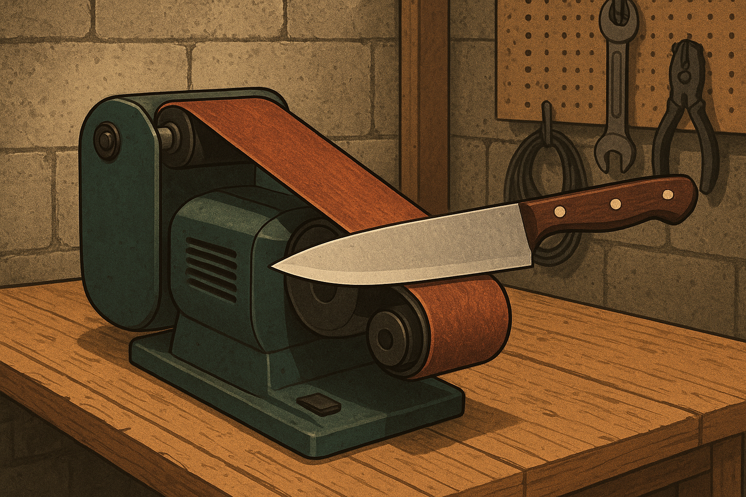 A belt sander with a piece of wood and a knife on it, set on a wooden workbench in a workshop, with tools hanging on the wall behind.