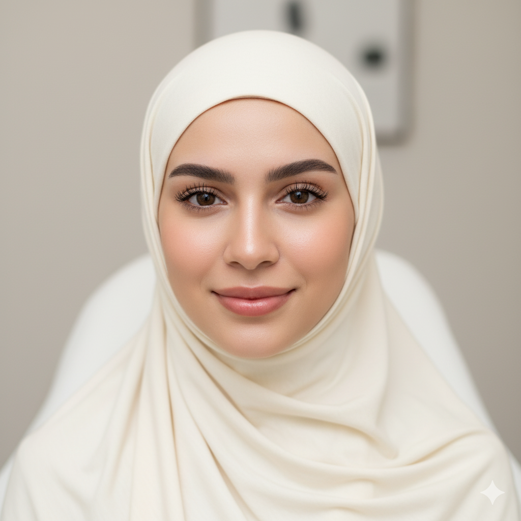 A young woman wearing a white hijab smiling at the camera.