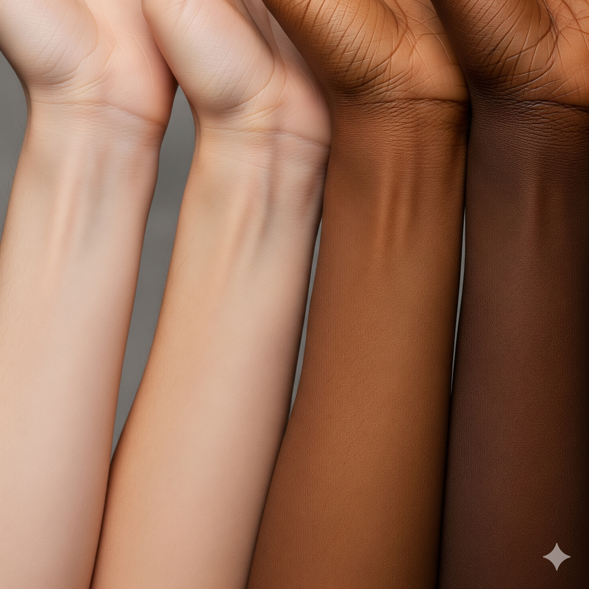 Close-up of four arms with different skin tones, showing diversity in skin color and texture.
