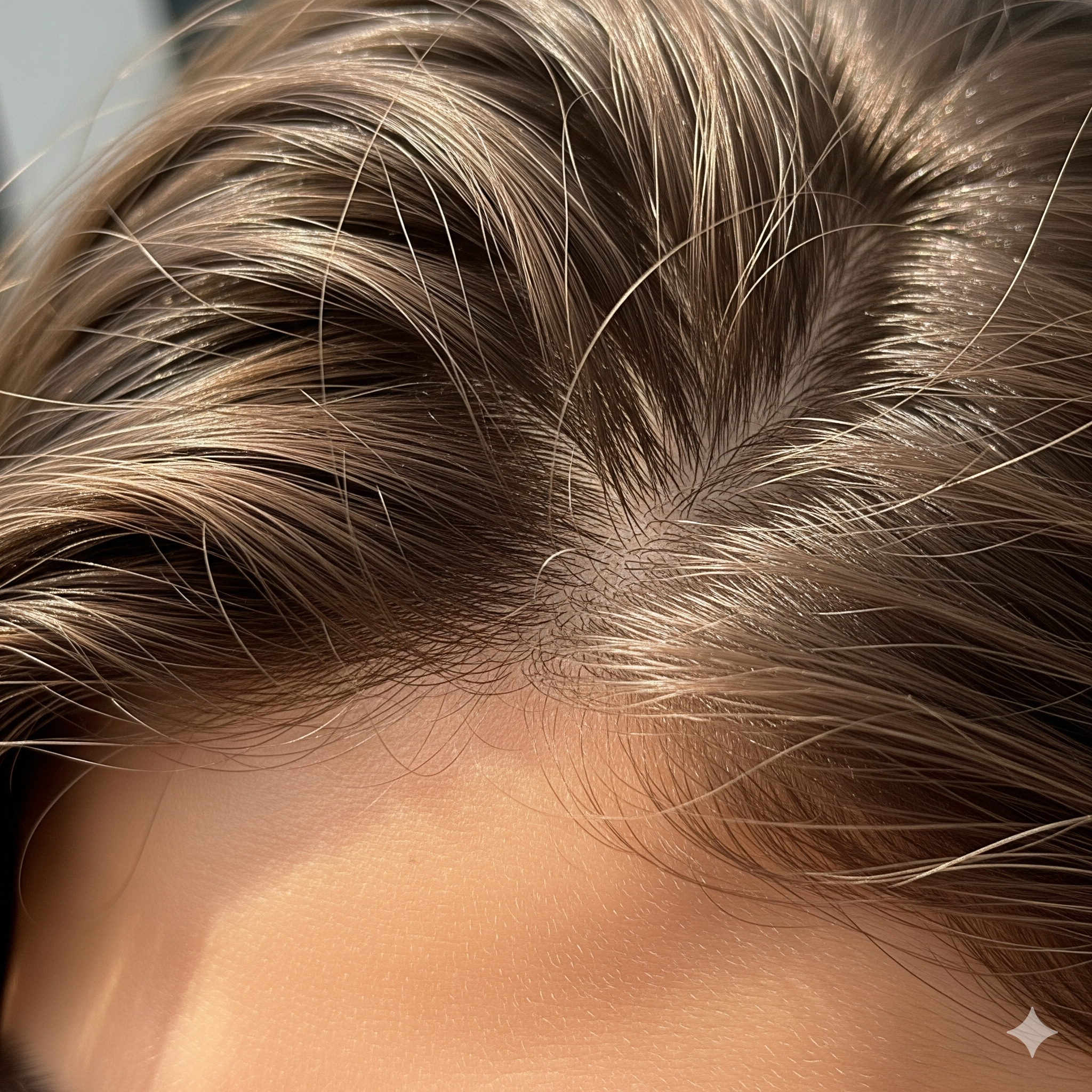 Close-up of a person's scalp with light brown, slightly wavy hair parted to the side, revealing healthy skin and fine hair strands.