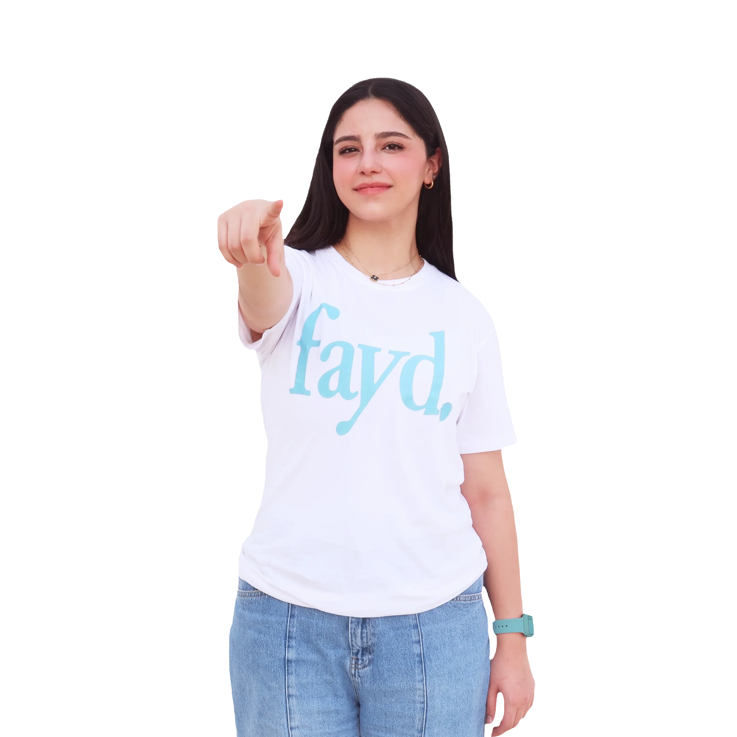 Teen volunteer pointing toward volunteer opportunities with Fayd