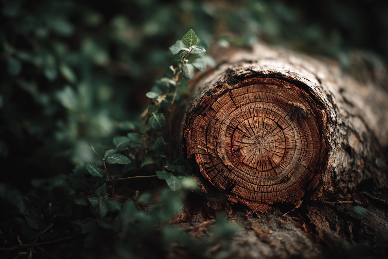 A close-up of a cut tree log on the forest ground with green ivy leaves nearby.