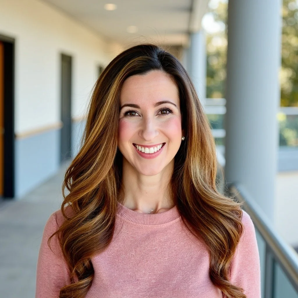A young woman with long, wavy brown hair, smiling, wearing a pink sweater, standing outside on a porch or balcony with columns and greenery in the background.