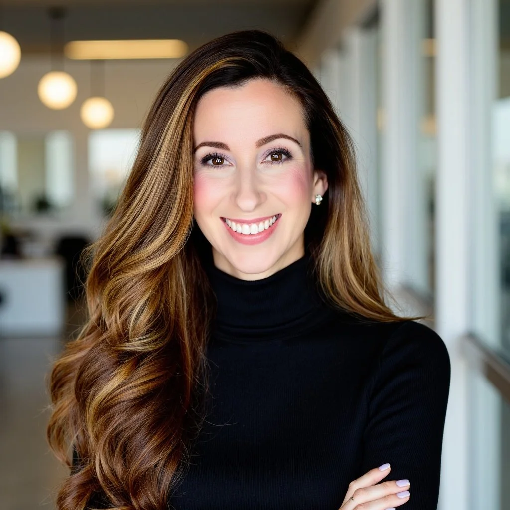 A smiling woman with long, wavy brown hair wearing a black turtleneck, standing in a modern office with large windows and hanging lights.