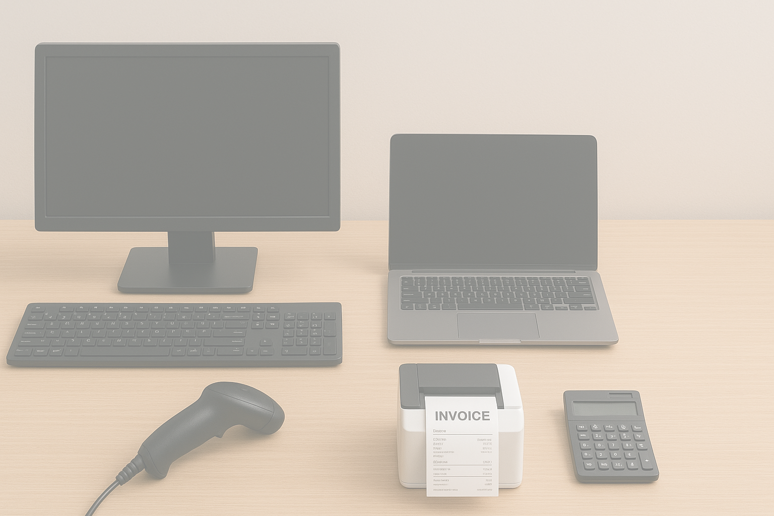 Oficina moderna con equipo de trabajo: monitor, laptop, impresora de facturas, escáner de códigos de barras y calculadora, ideales para ventas, facturación y distribución de tecnología empresarial.