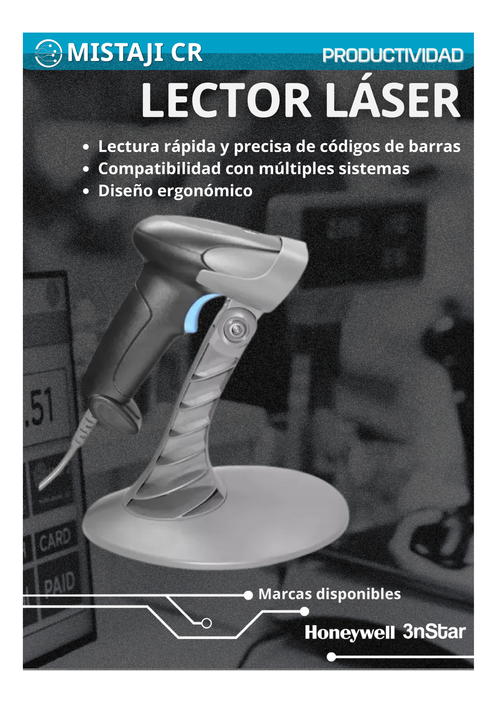 Lector de códigos de barras rápido y preciso, compatible con múltiples sistemas, diseño ergonómico.