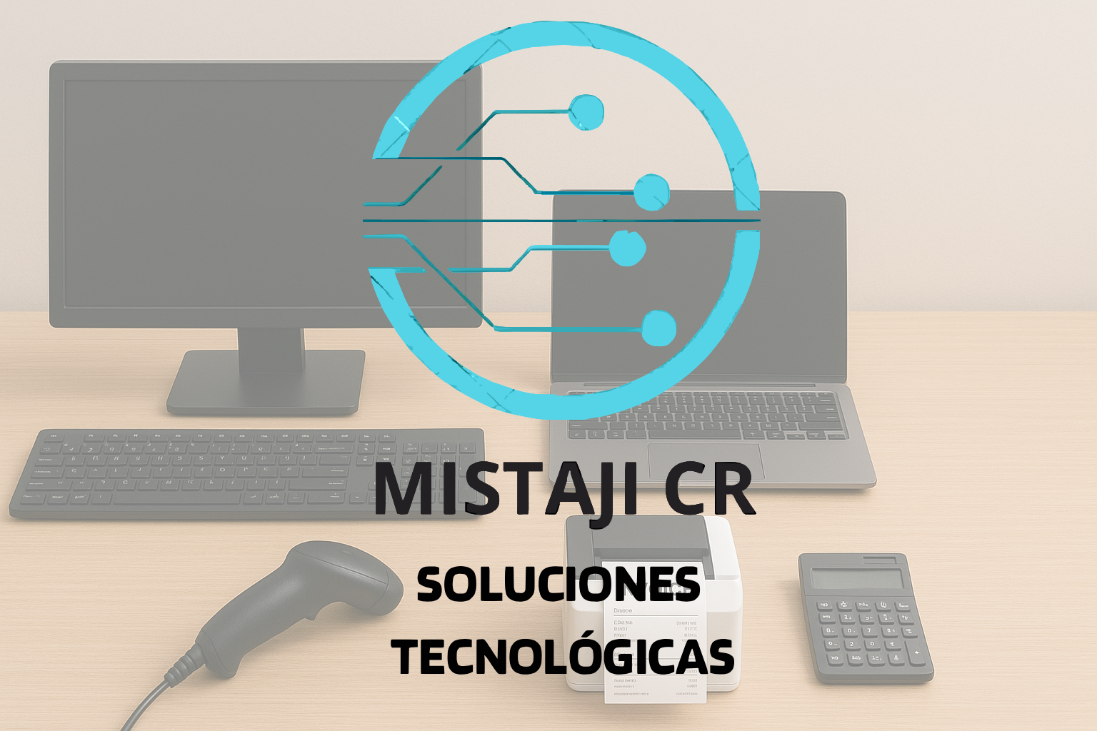 Imagen de una oficina con una computadora, teclado, escáner, calculadora y un lector de código de barras sobre una mesa de madera clara. Encima, un gráfico y el texto 'MISTA JCR SOLUCIONES TECNOLÓGICAS'.