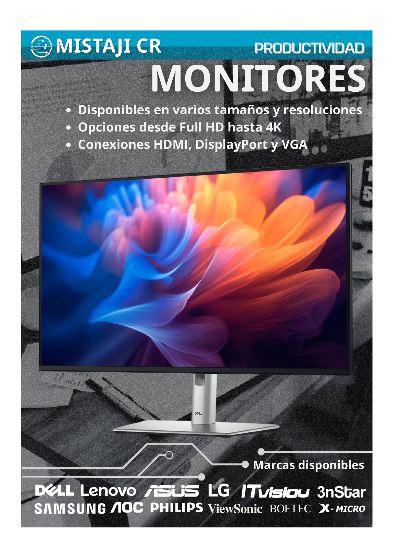 Monitor para productividad, disponible en resoluciones Full HD y 4K, ideal para oficinas en Costa Rica.