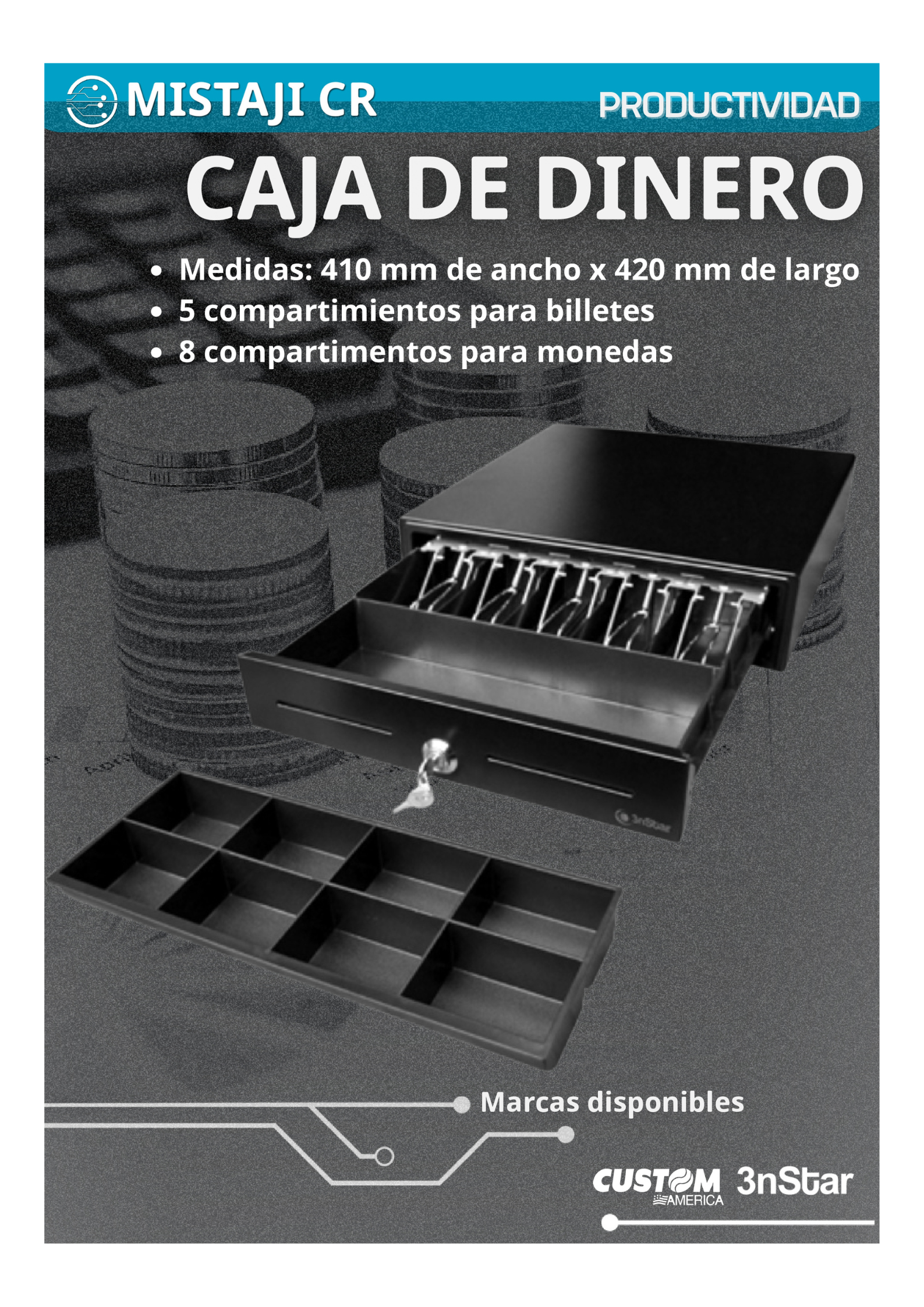 Cajón de dinero metálico con 5 compartimientos para billetes y 8 para monedas, resistente y seguro.