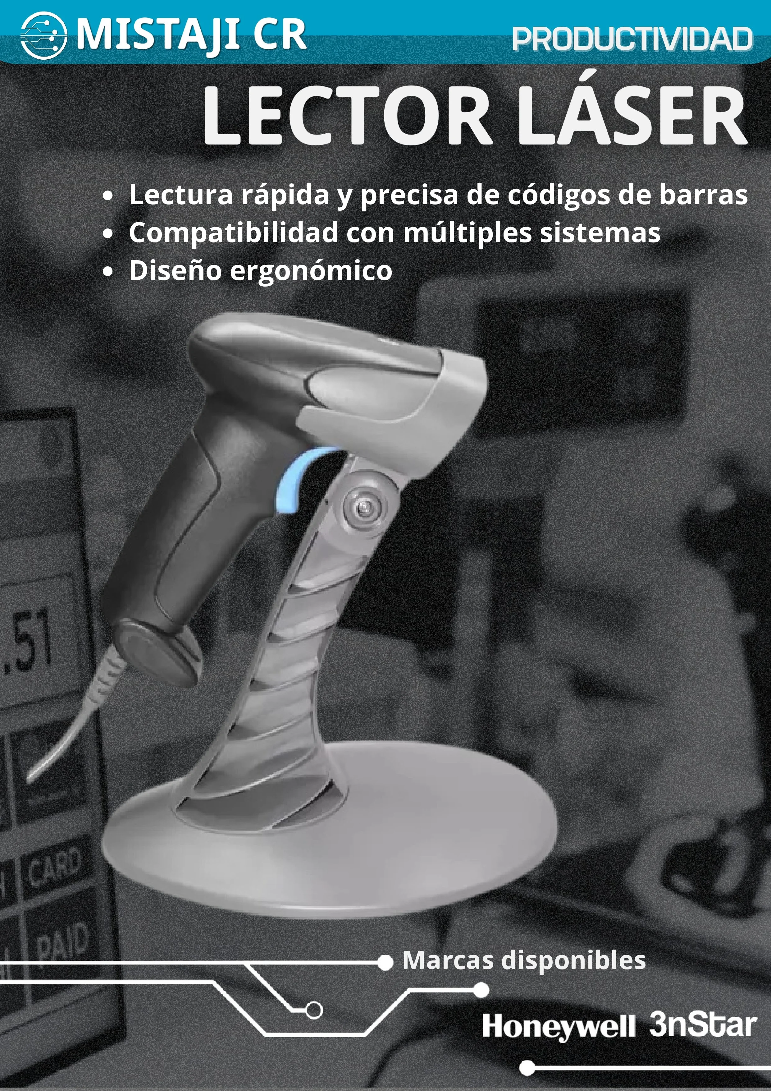 Lector de códigos de barras USB y Bluetooth para puntos de venta en Costa Rica.