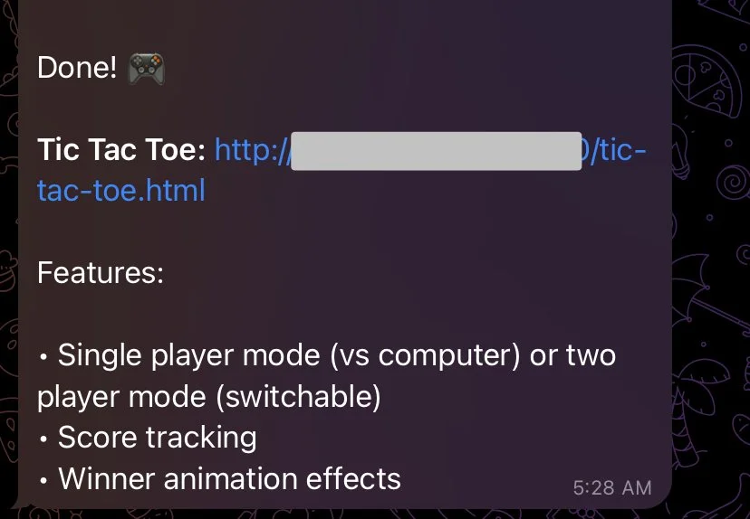 Agent created a web game and hosted it on the internet.