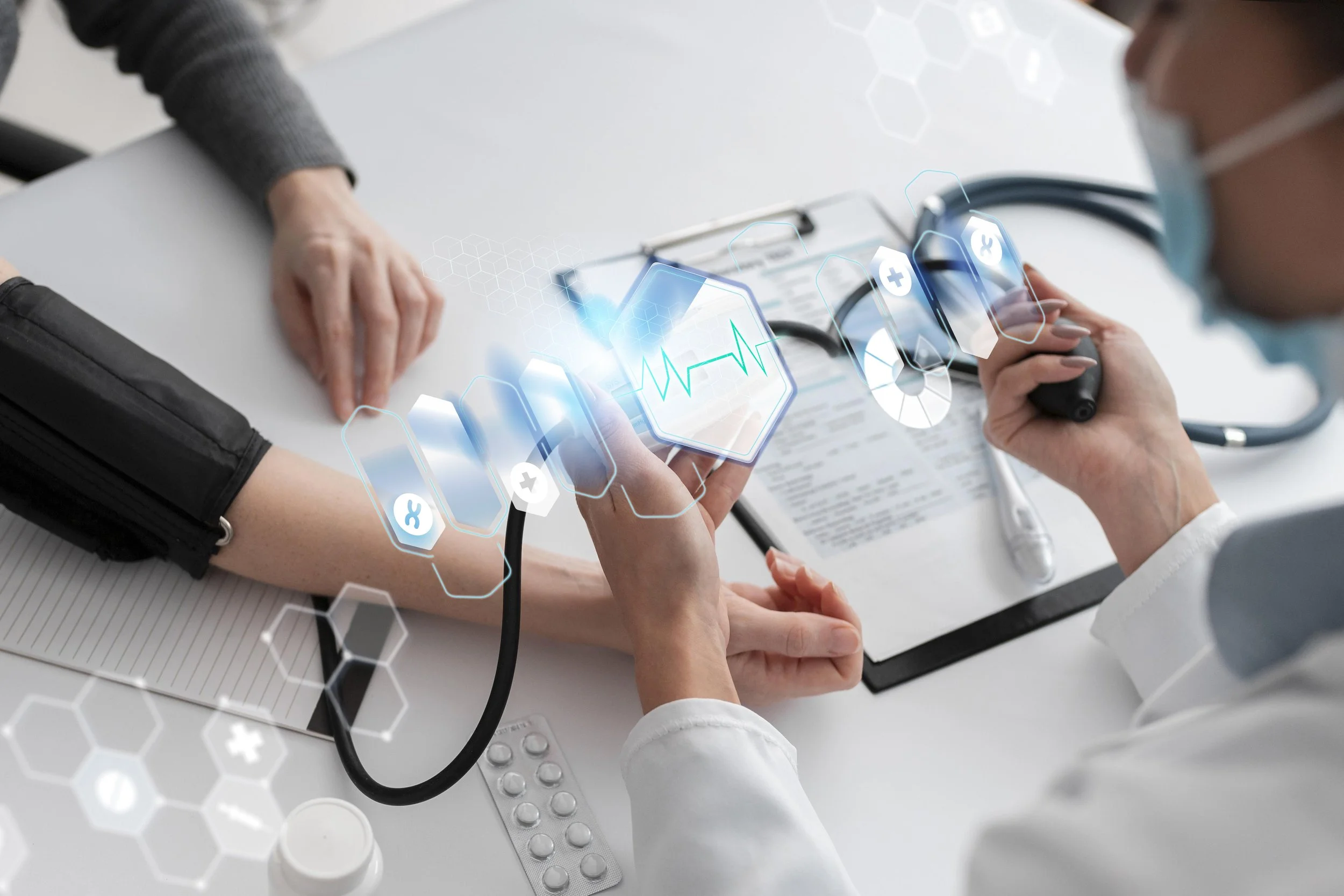 Doctor measuring patient's blood pressure with a digital monitor, with holographic healthcare icons and medical data overlay.
